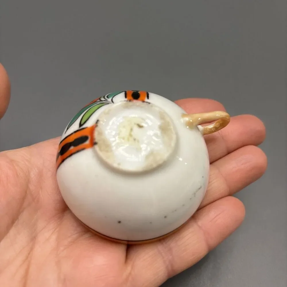 Vintage Miniature Cup & Saucer White & Orange Ceramic Floral Made In Japan